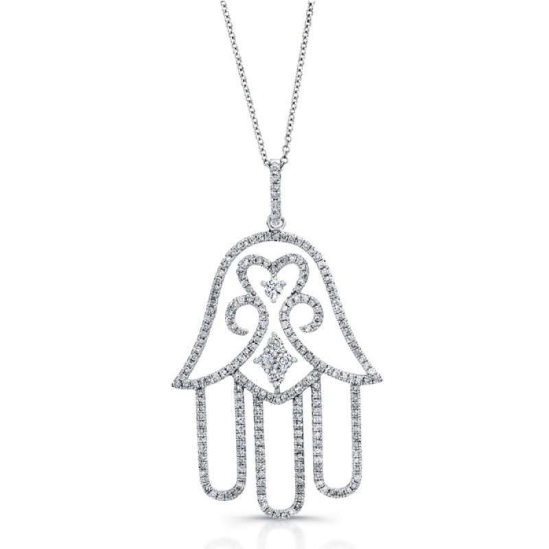 14k White Gold White Diamond Hamsa Pendant