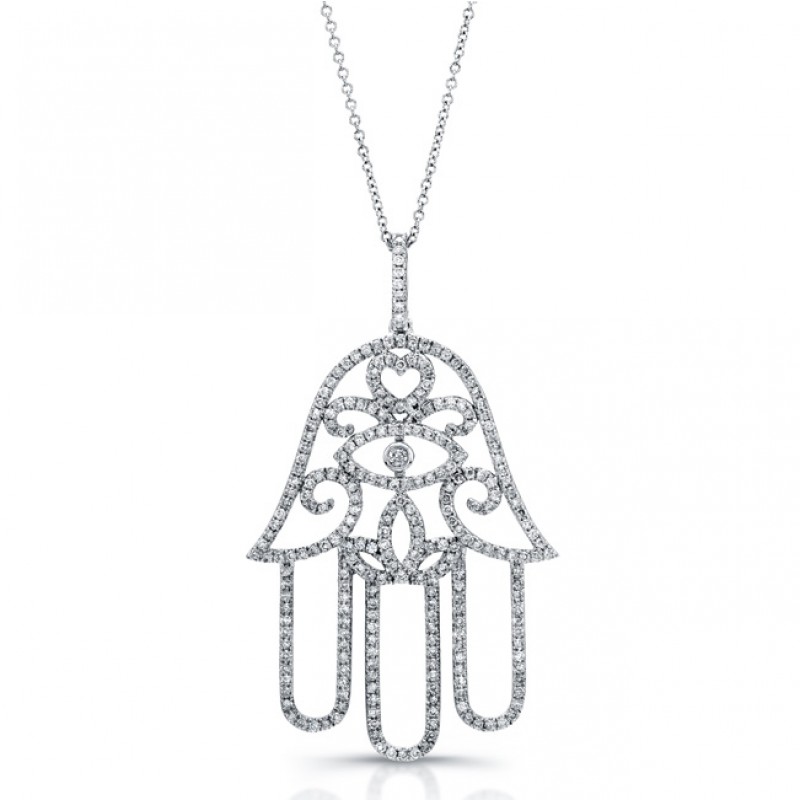 14k White Gold White Diamond Hamsa Pendant