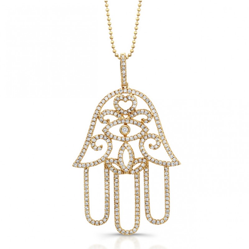 14k Yellow Gold White Diamond Hamsa Pendant