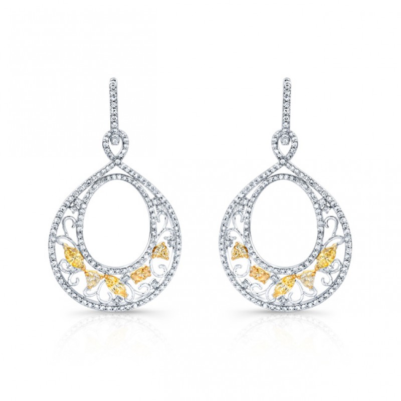 14k White and Yellow Gold Circle Earrings with Fancy Yellow and White Diamonds