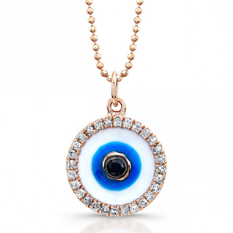 14k Rose Gold Enamel Evil Eye Pendant with Black Diamond Center