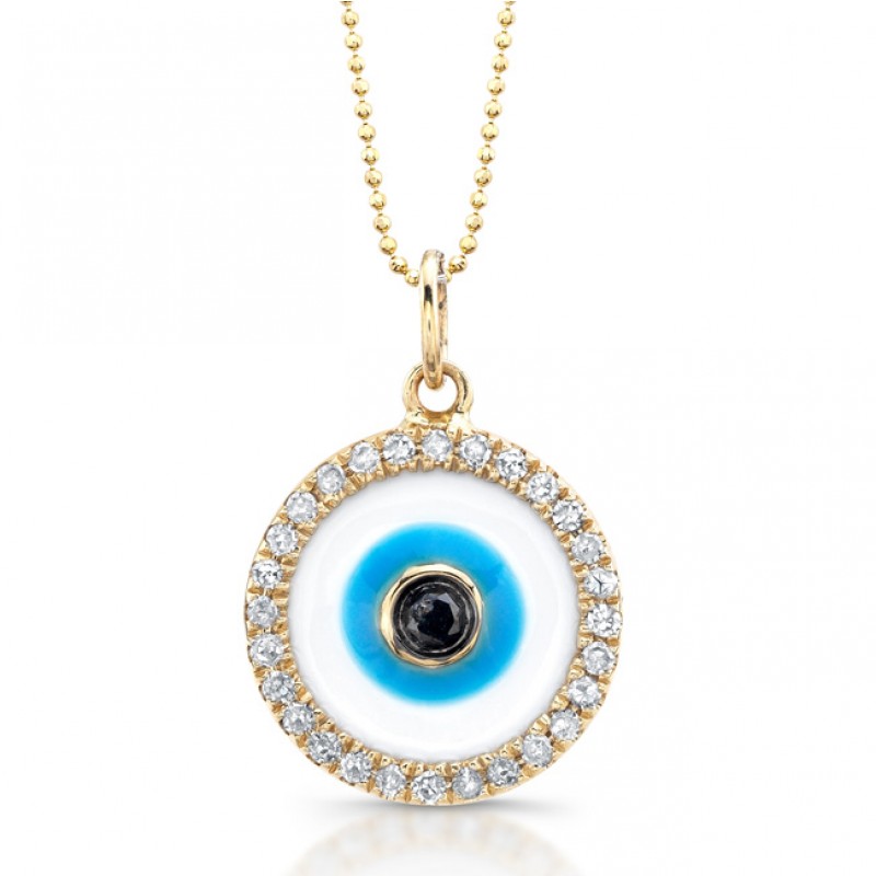 14k Yellow Gold Enamel Evil Eye Pendant with Black Diamond Center