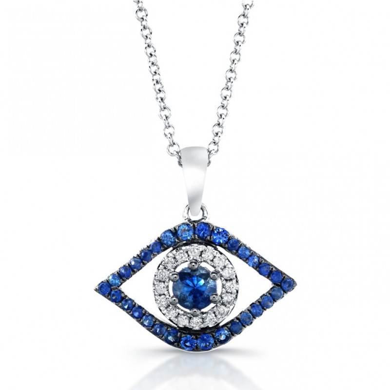 14k White and Black Gold Diamond Evil Eye Pendant with a Sapphire Center