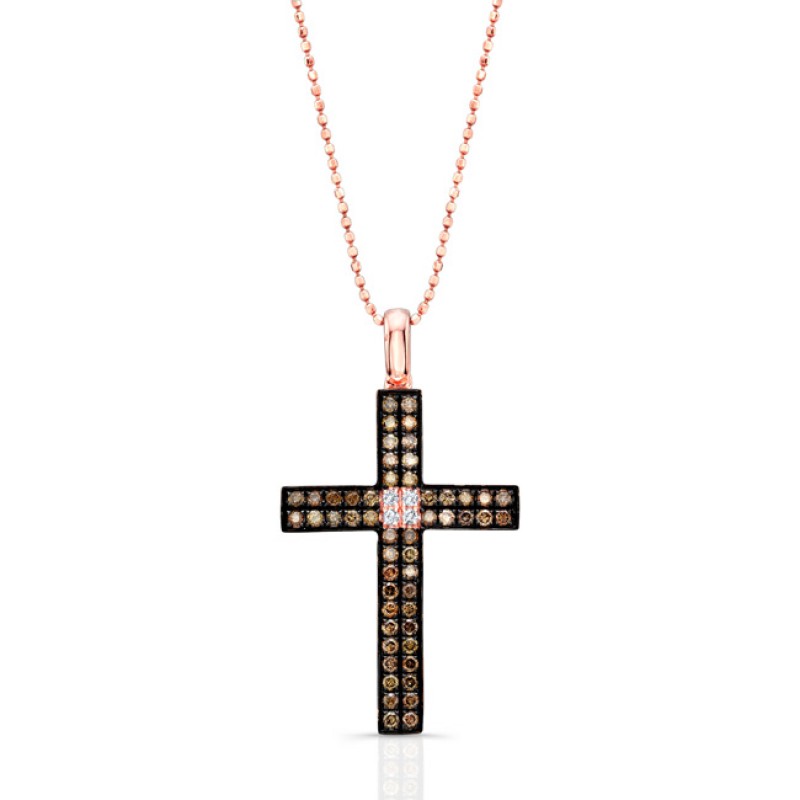 14k Rose Gold Brown and White Diamond Accent Cross Pendant