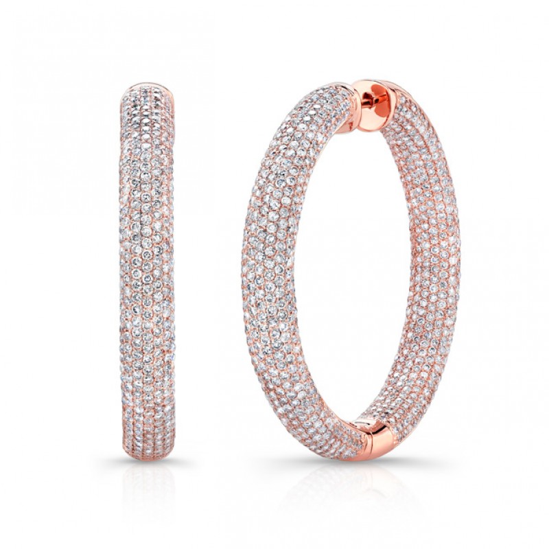 14k Rose Gold Inside Outside White Diamond Hoops