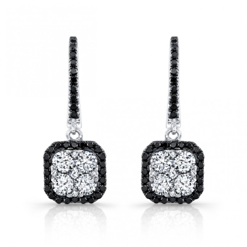 14k White and Black Gold White and Black Diamond Square Drop Earrings