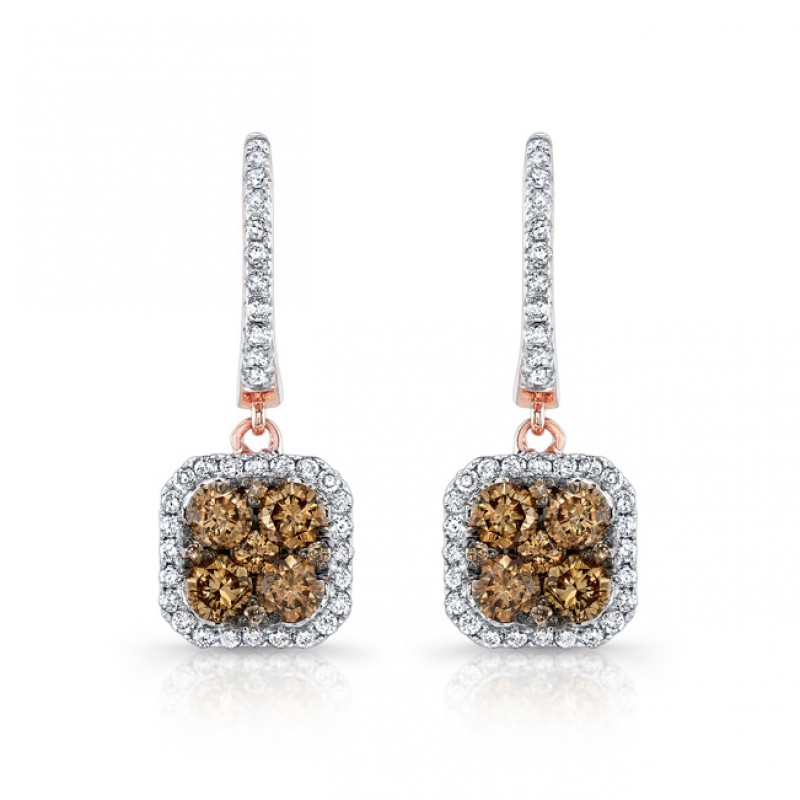 18k Rose Gold Brown and White Diamond Cluster Earrings