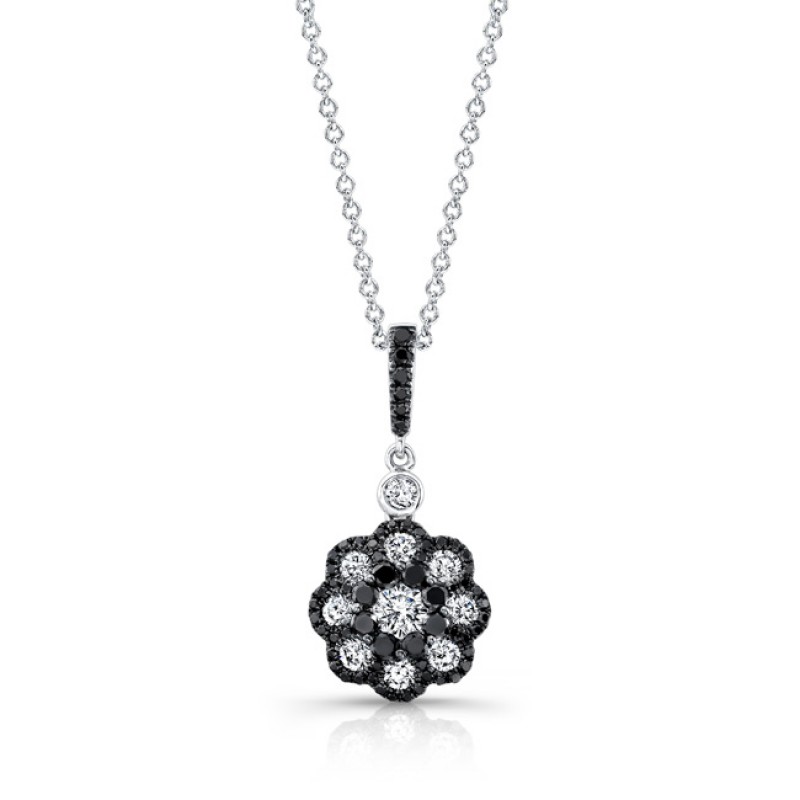 18k White and Black Gold White and Black Diamond Flower Pendant