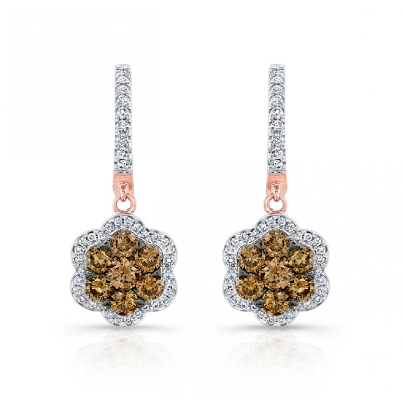 18k Rose and Black Gold Brown Diamond Flower Earrings
