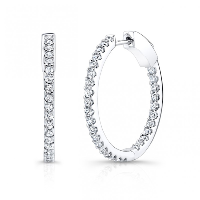 14k White Gold White Diamond Inside Outside Hoops 