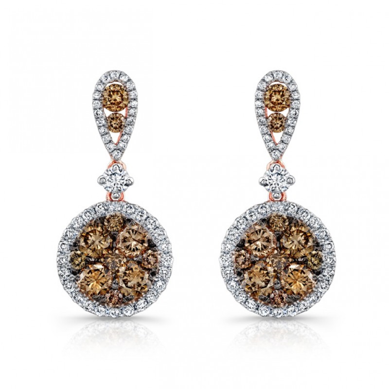 18k Rose and Black Gold Brown Diamond Circle White Diamond Halo Drop Earrings