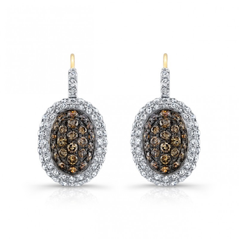 14k Yellow and Black Gold Brown Diamond Oval Halo Earrings
