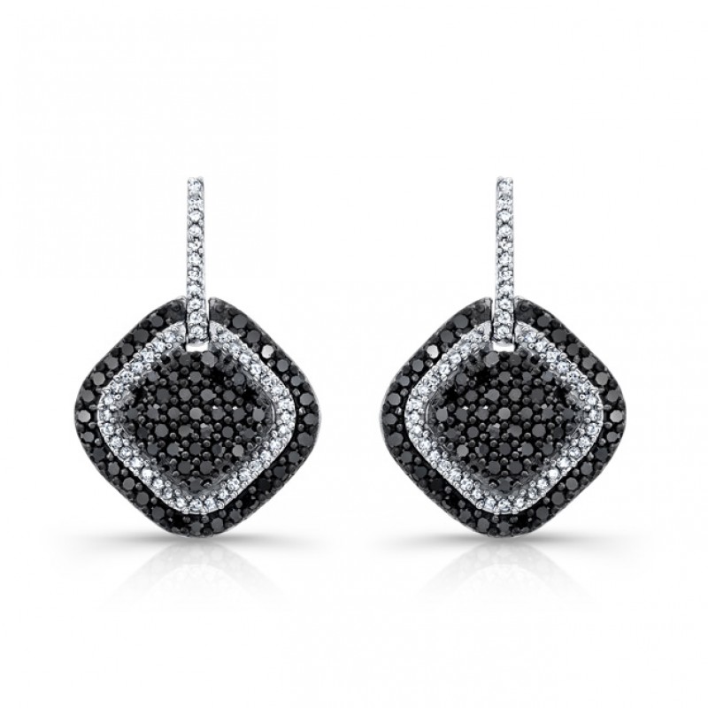 14k White and Black Gold Contrasting Black and White Diamond Halo Square Earrings