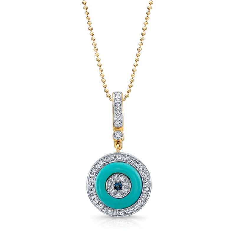 14k Yellow Gold White Diamond Blue Sapphire Evil Eye Pendant 
