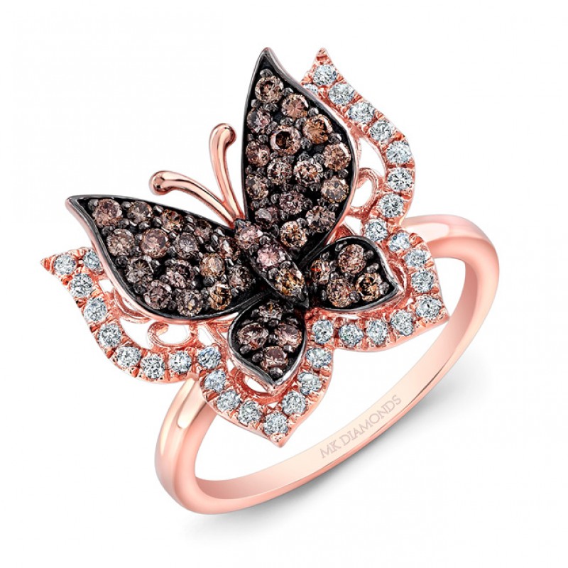 14k Rose and Black Gold Brown Diamond Butterfly Ring 