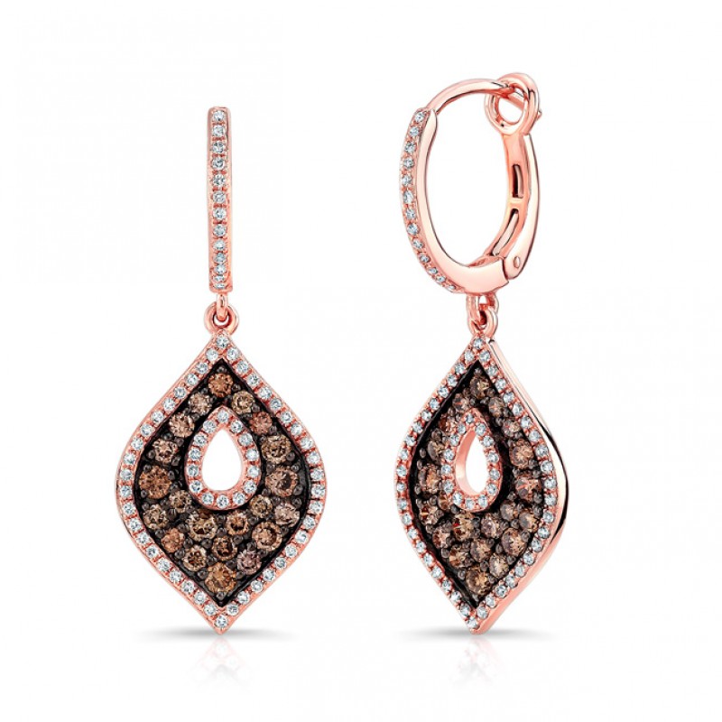 14k Rose and Black Gold Marquise Frame Tear Drop Keyhole Brown Diamond Earrings