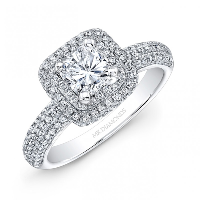14k White Gold Square Diamond Halo Engagement Ring 