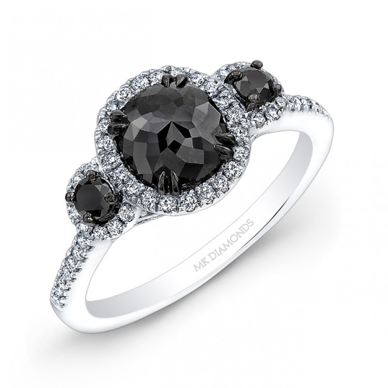 14k White and Black Gold Three Stone Black Diamond Engagement Ring 