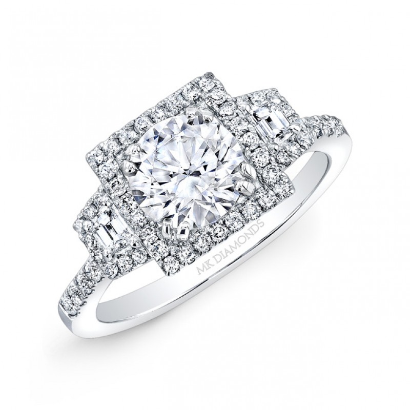 18k White Gold Square Halo Trapezoid Diamond Side Stone Engagement Ring