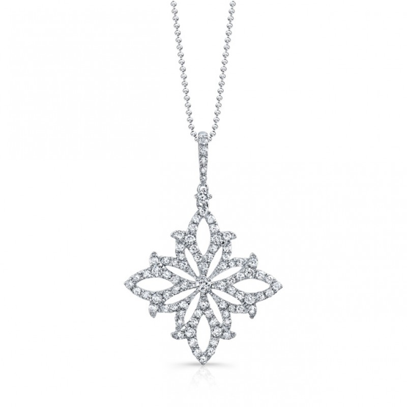 18k White Gold White Diamond Floral Filigree Pendant 