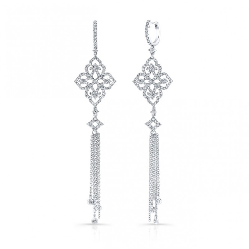 18k White Gold White Diamond Chain Drop Earrings 