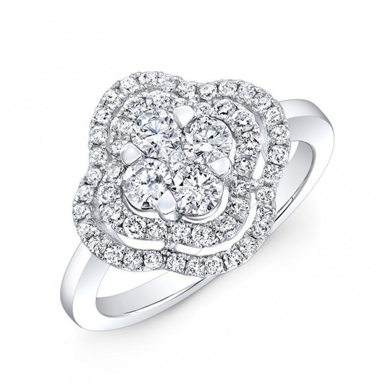 14k White Gold White Diamond Clover Fashion Ring 