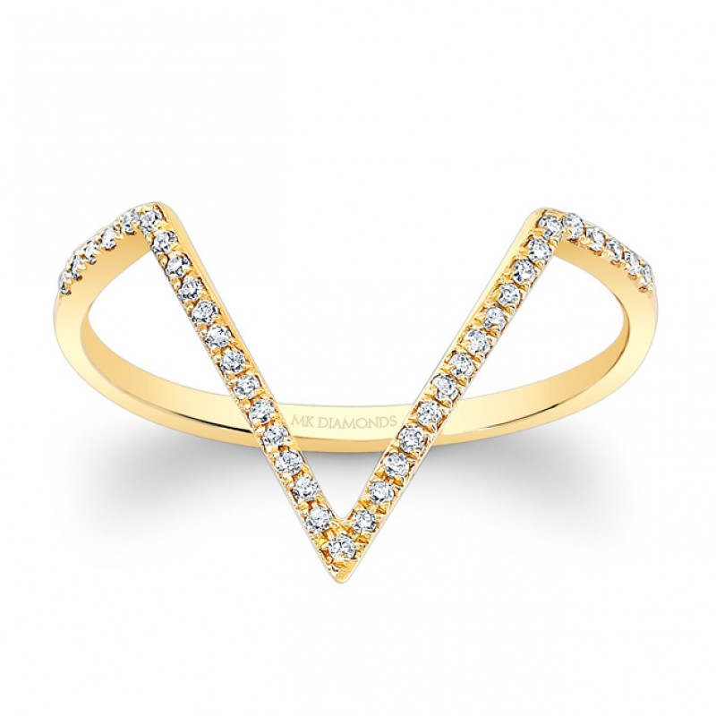14k Yellow Gold White Diamond V-Shaped Fashion Ring