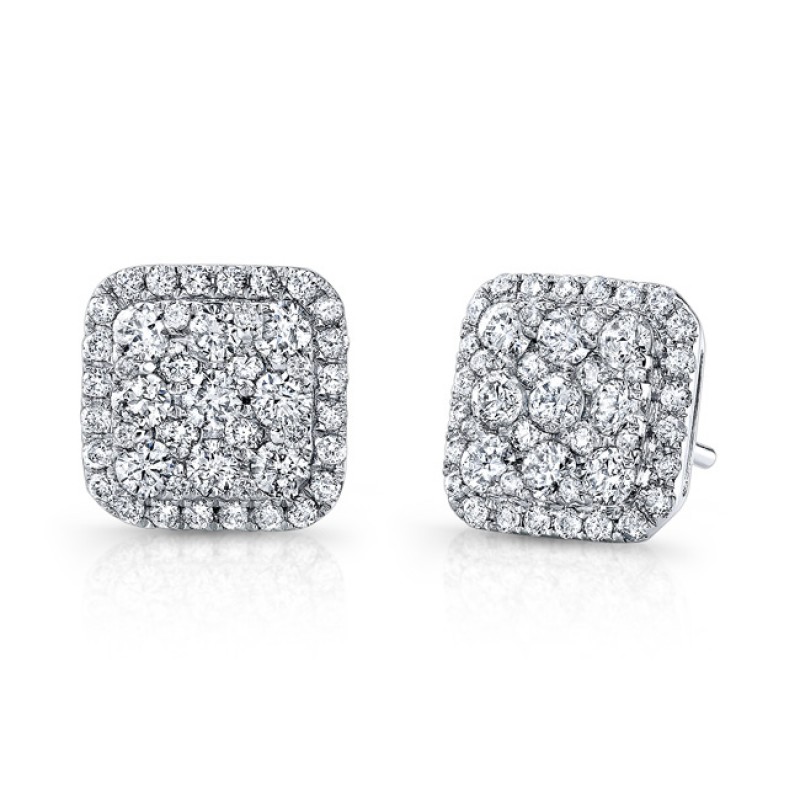 14k White Gold Square Halo White Diamond Stud Earrings