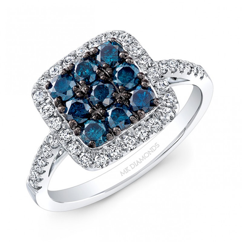 14k White and Black Gold Treated Blue Diamond Center White Diamond Halo Fashion Ring 