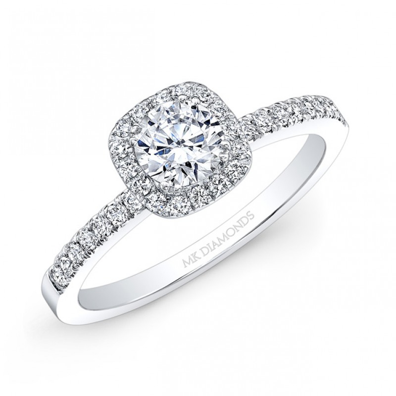 14k White Gold White Diamond Cushion Shaped Halo Engagement Ring