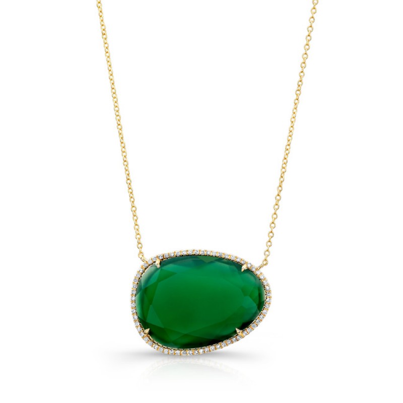 14k Yellow Gold White Diamond Halo Green Agate Center Necklace