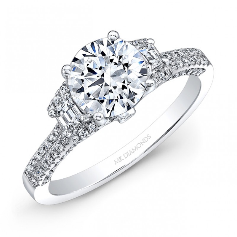 14k White Gold White Diamond Trapezoid Side Stone Engagement Ring 