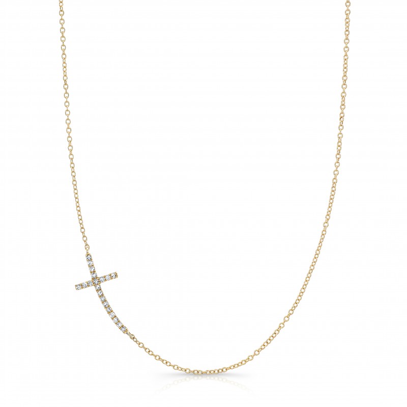 14k Yellow Gold White Diamond Cross Necklace 