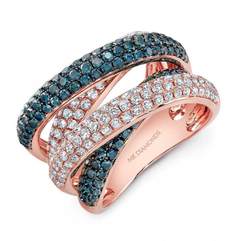 14k Rose and Black Gold White and Treated Blue Diamond Layered Fashion Band