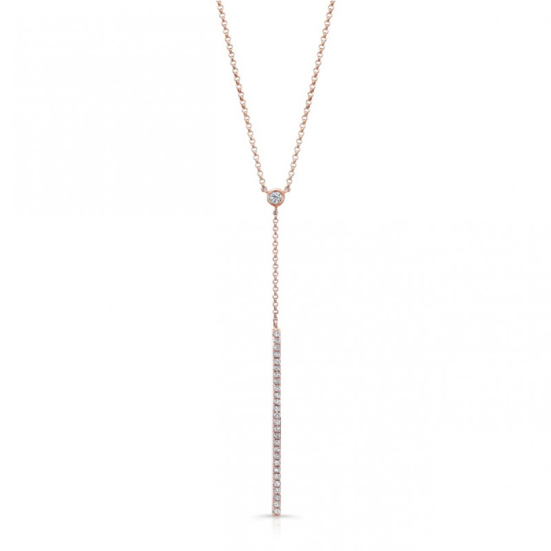 14k Rose Gold White Diamond Dangling Bar Necklace 
