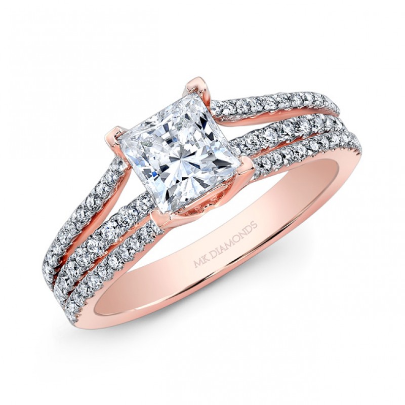 14k Rose Gold Three Band Split Prong Engagement Ring 