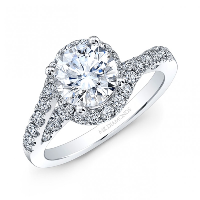 14k White Gold White Diamond Spiral Halo Engagement Ring 