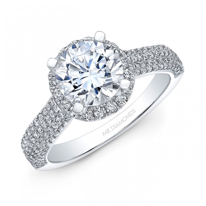 18k White Gold White Diamond Halo Elongated Shank Engagement Ring 