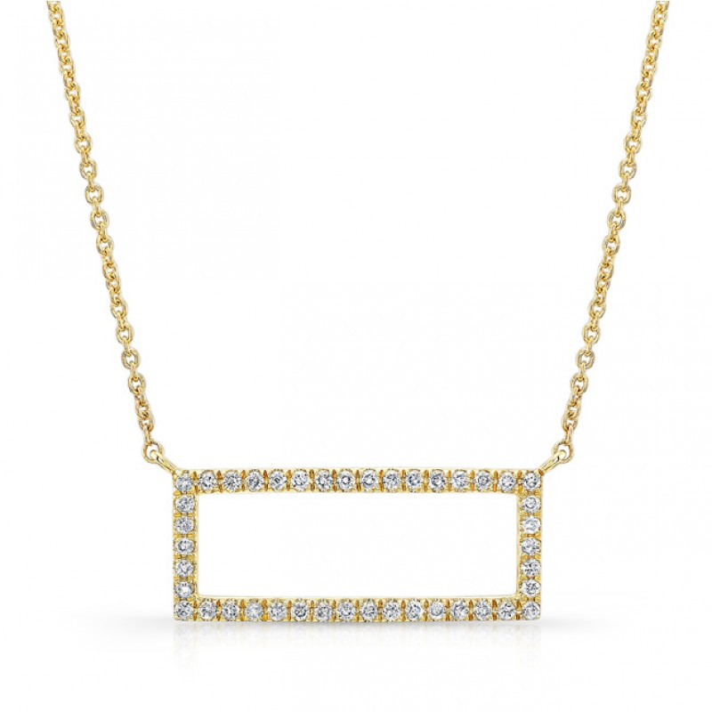 14k Yellow Gold White Diamond Rectangle Pendant Necklace