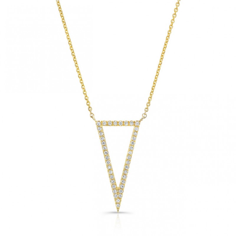 14k Yellow Gold White Diamond Triangle Pendant Necklace 
