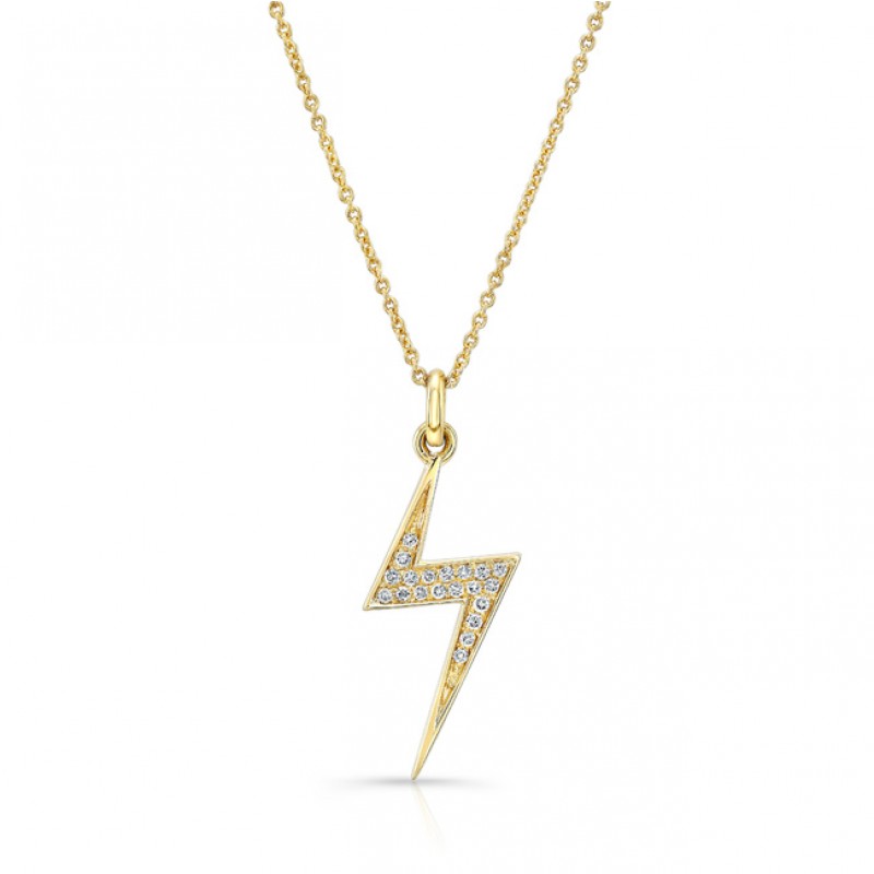 14k Yellow Gold White Diamond Lightening Bolt Pendant Necklace 