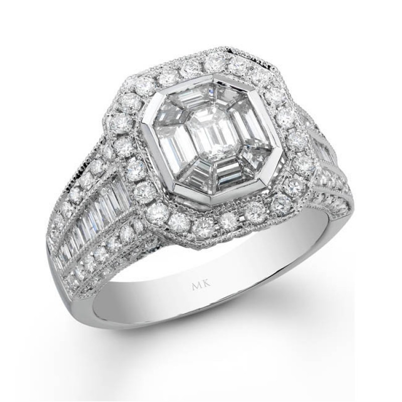 14k White Gold Vintage Detail Emerald Star Diamond Mosaic Ring