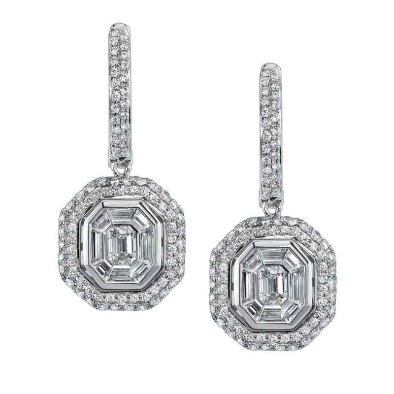 14k White Gold Pave and Channel Diamond Mosaic Center Earrings