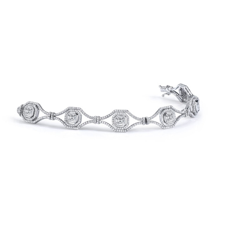 18k White Gold Asscher and Emerald Diamond Mosaic Bracelet