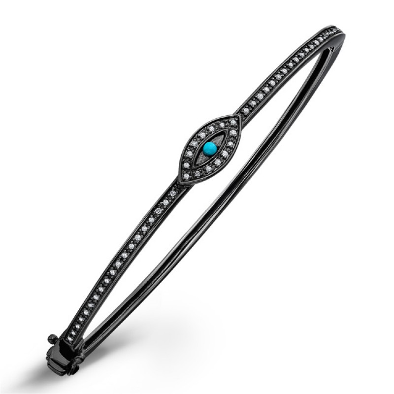 Black Sterling Silver Diamond Turquoise Evil Eye Bangle