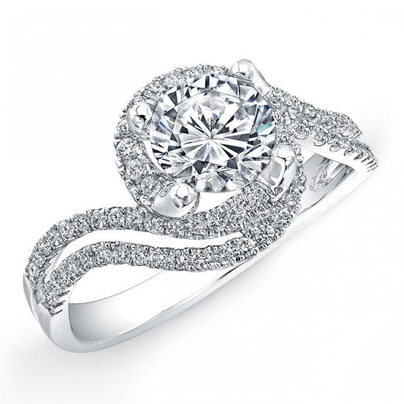 18k White Gold Halo Diamond Split Swirl Shank Engagement Semi Mount Ring NK18506-W
