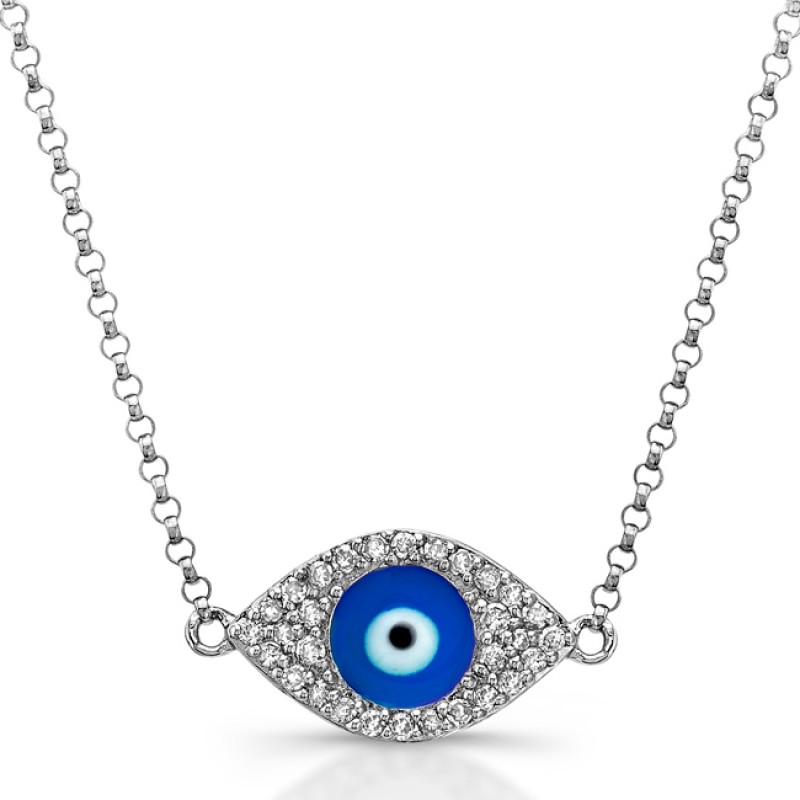 14k White Gold Diamond Dark Blue Enamel Evil Eye Chain Necklace
