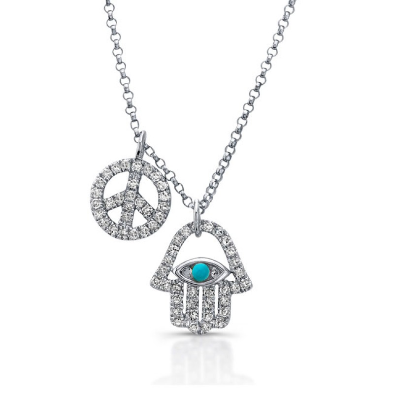 14k White Gold Diamond Turquoise Hamsa Peace Necklace