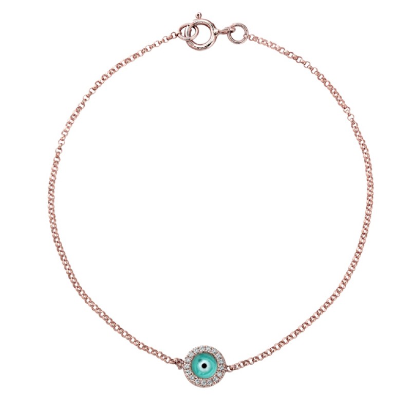 14k Rose Gold Diamond Light Blue Enamel Evil Eye Chain Bracelet