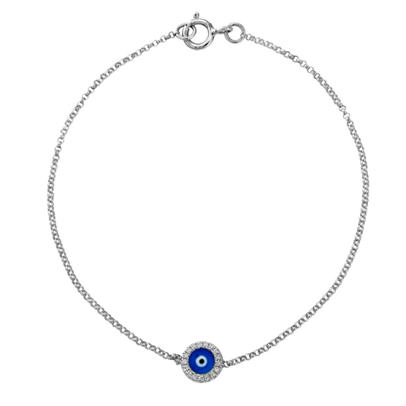 14k White Gold Diamond Dark Blue Enamel Evil Eye Chain Bracelet